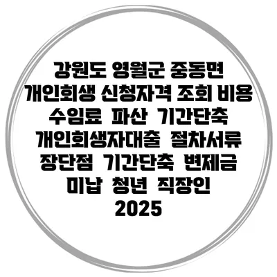 강원도 영월군 중동면 개인회생 신청자격 조회 비용 수임료 | 파산 | 기간단축 | 개인회생자대출 | 절차서류 | 장단점 | 기간단축 | 변제금 미납 | 청년 | 직장인 2025